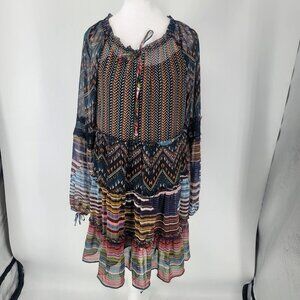 Desigual Lena Tiered Dress Multicolor Lined Sheer Ruffle Long Sleeve US Size 6